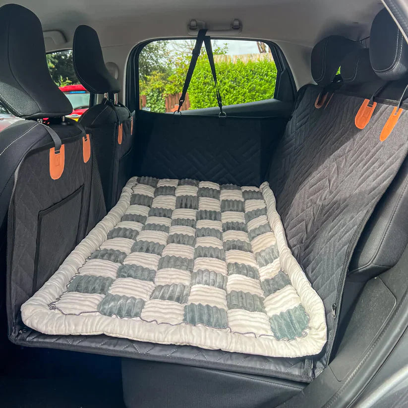 Hard Bottom 6-In-1 Dog Back Seat Cover , Waterproof Mesh Window, Non-Slip for Cars, Trucks and Suvs + FREE Dog Bed+ FREE Dog Safety Belt
