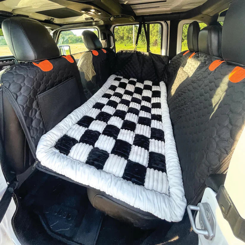 Hard Bottom 6-In-1 Dog Back Seat Cover , Waterproof Mesh Window, Non-Slip for Cars, Trucks and Suvs + FREE Dog Bed+ FREE Dog Safety Belt